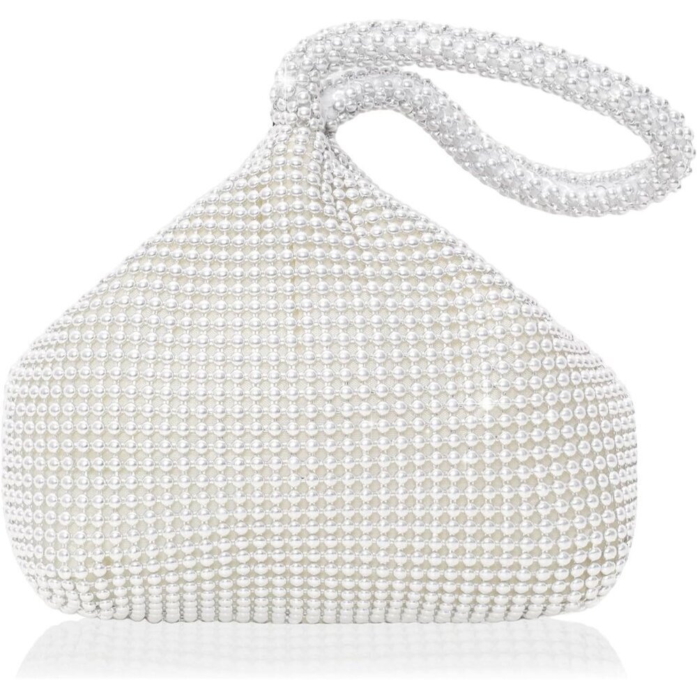 🆕Women Silver Polyester Beaded Triangle Clutch Bag Vintage Elegant Purse Prom
